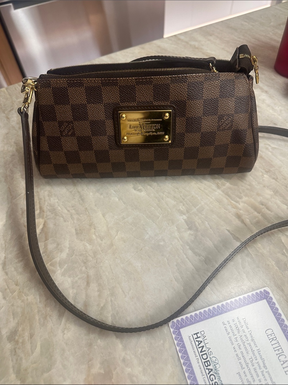 Louis Vuitton Damier Ebene Brown Shoulder Bag with Gold Plaque